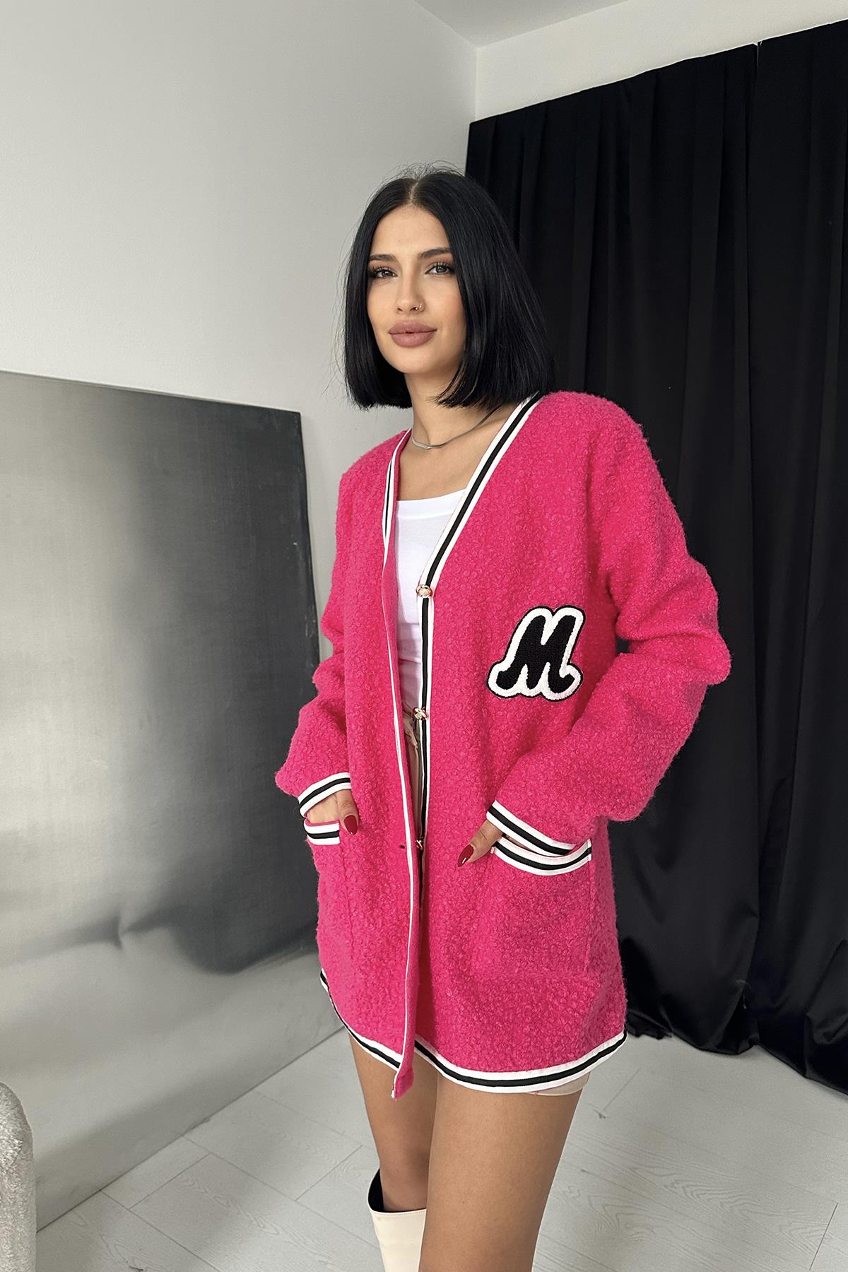 Şeritli Bukle Hırka - Fuşya