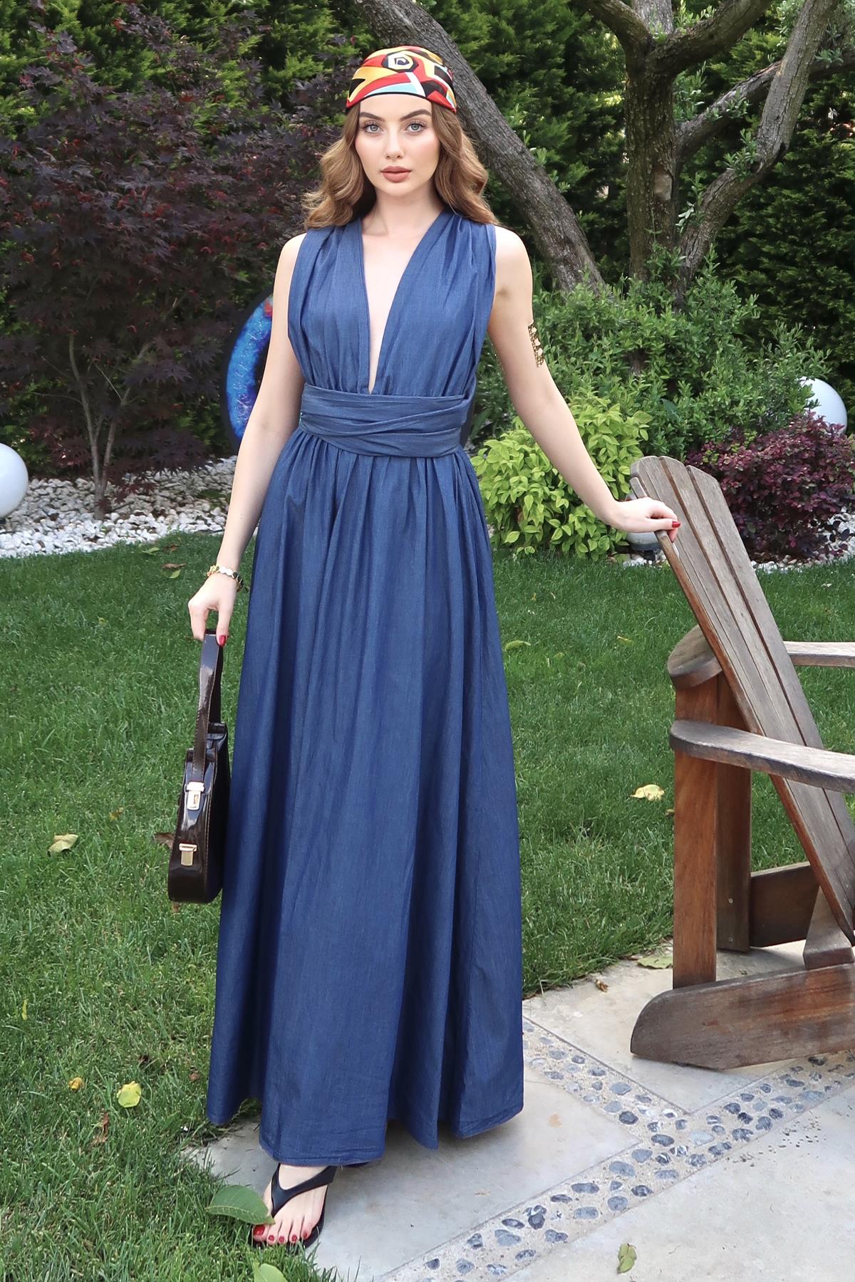 Sırt Detaylı Bağlamalı Denim Elbise