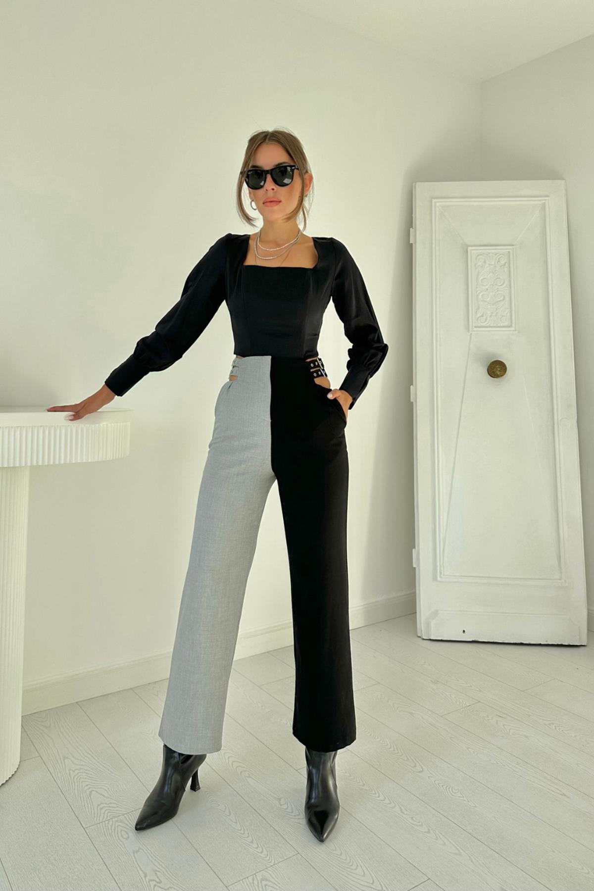Siyah ve Gri Palazzo New Pantolon - Siyah & Gri