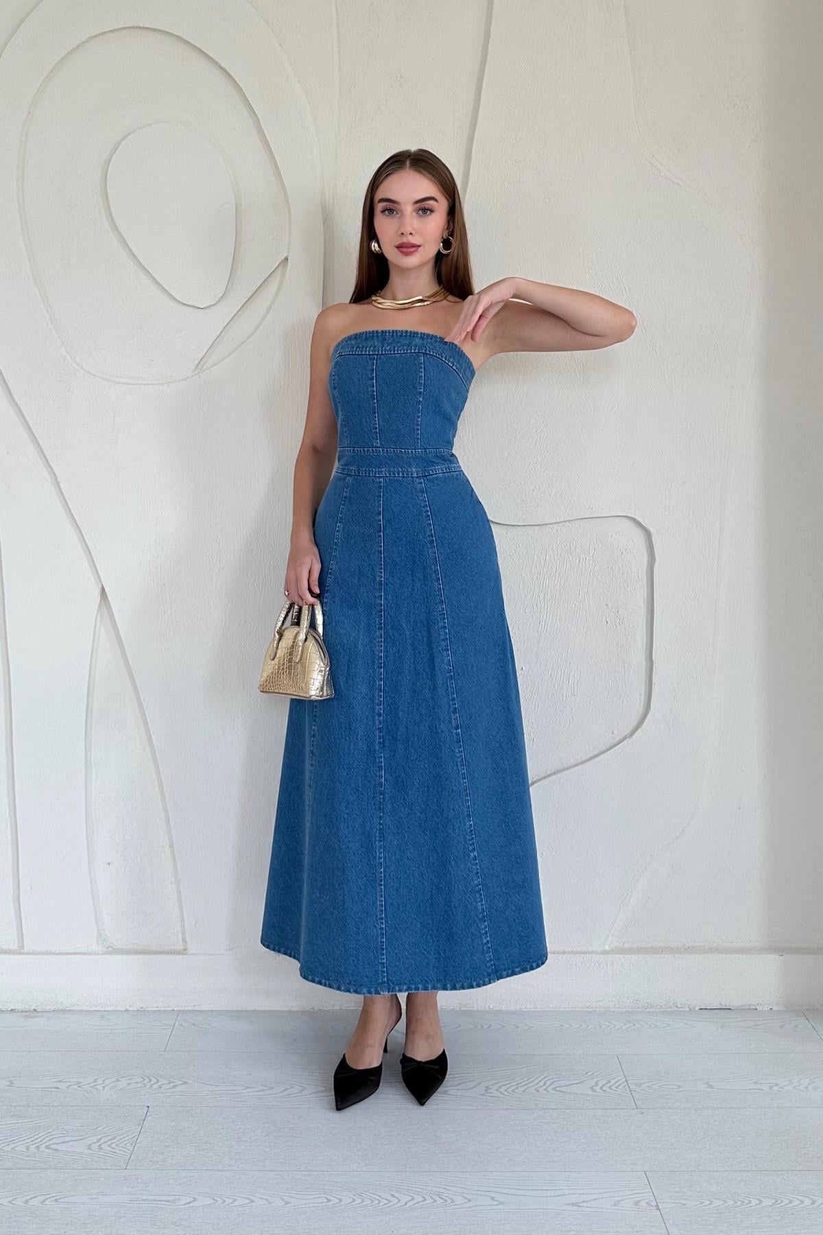 Straplez Maxi Kot Elbise - Mavi 8141