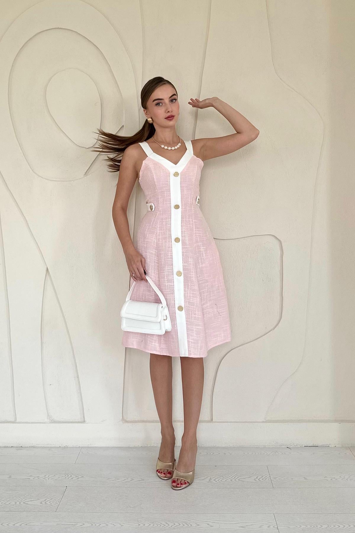 Süs Cepli Askılı Elbise - Pudra 