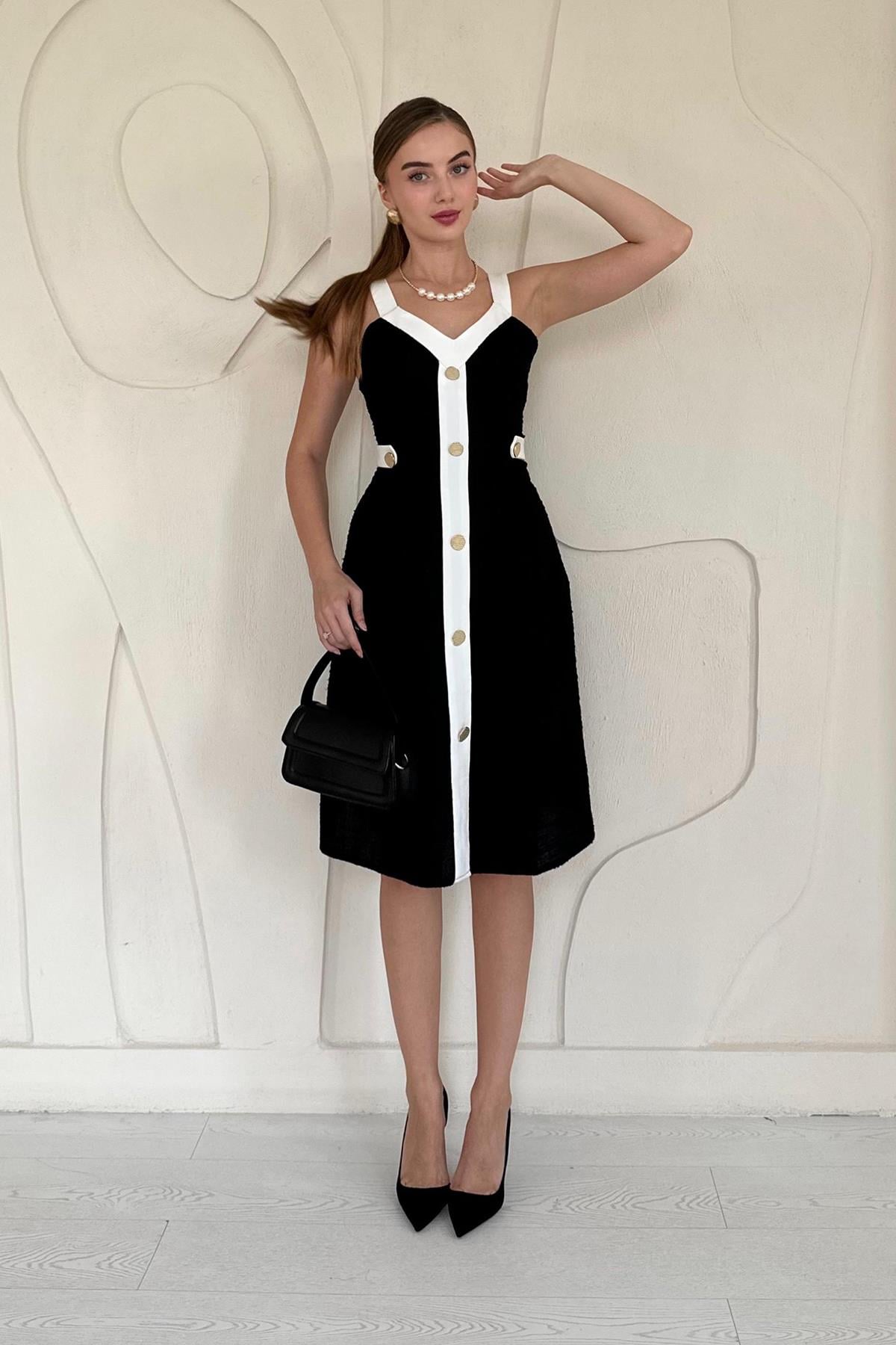 Süs Cepli Askılı Elbise - Siyah 