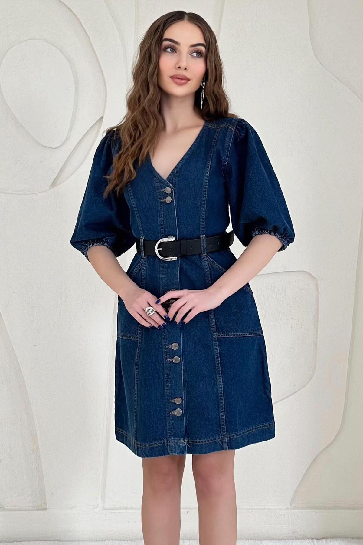 V Yaka Kısa Kot Elbise