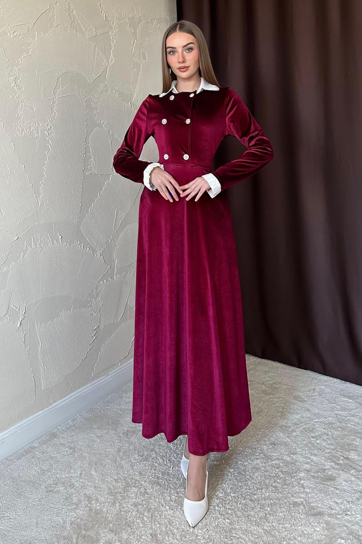 Yakası Taşlı Garnili Bordo Kadife Elbise