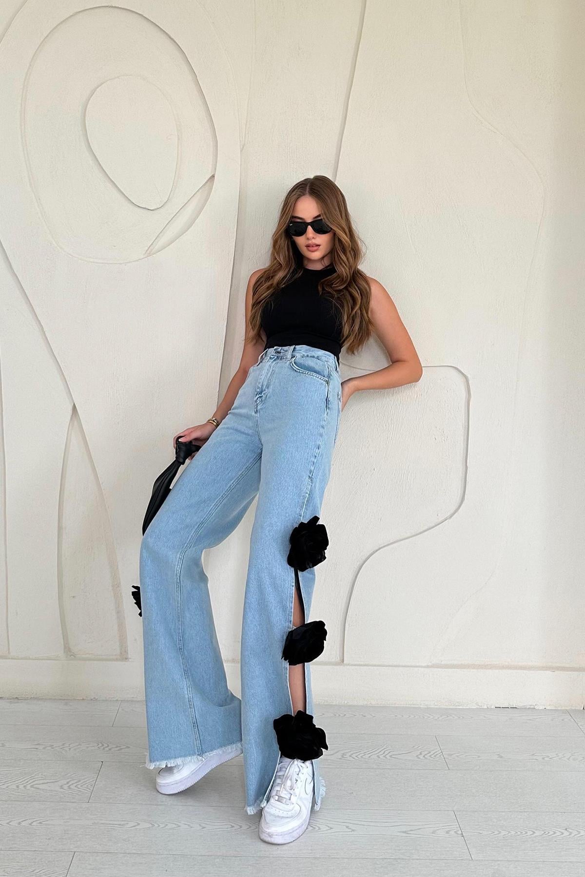 Yanları Güllü Jeans Pantolon - Mavi 3121