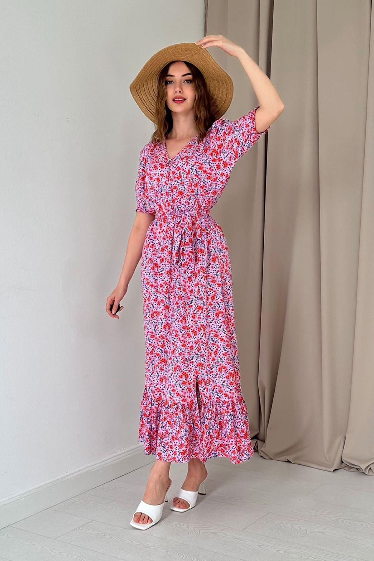 Yırtmaçlı ve Desenli Elbise - Pembe 5719