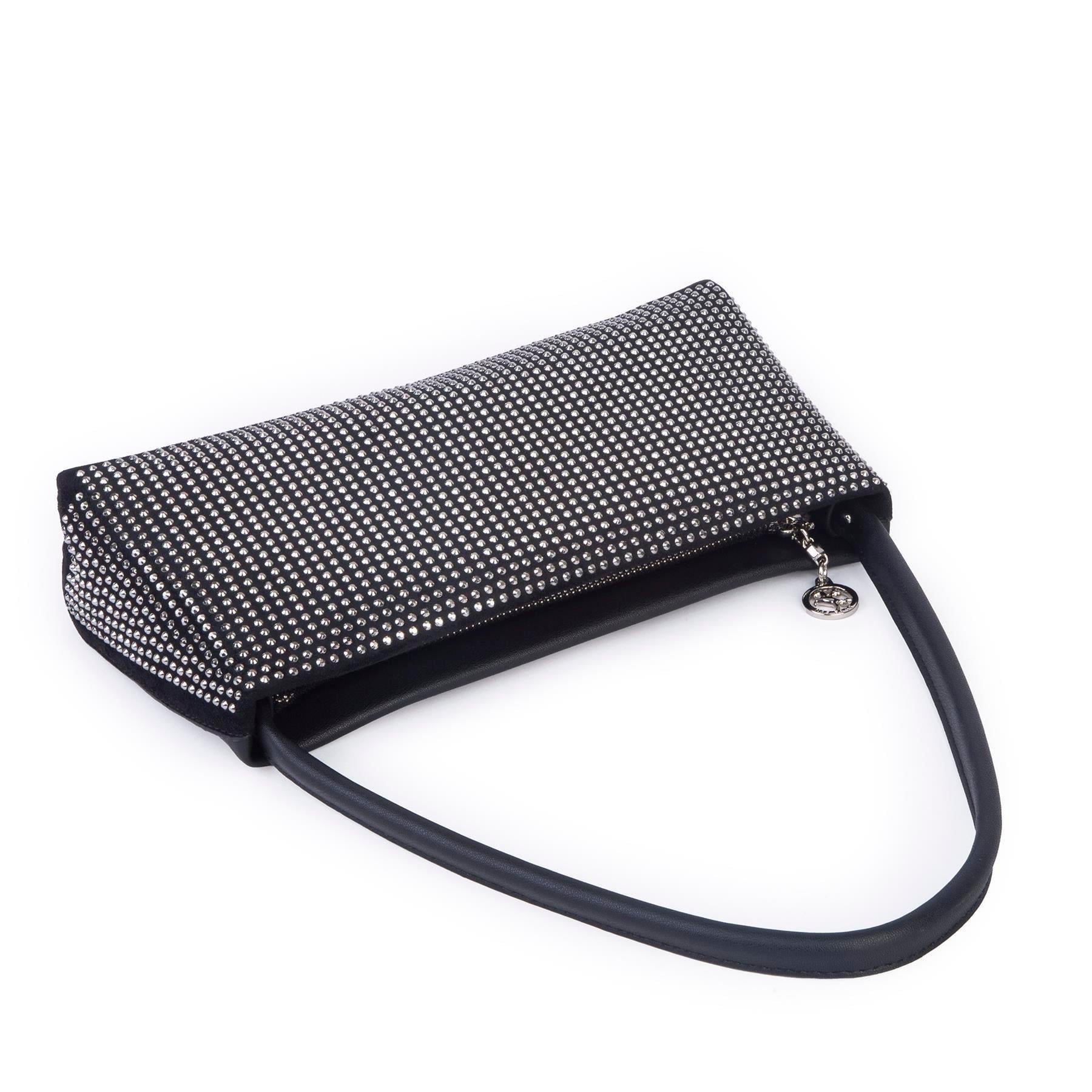 Nas Bag Kadın Basic Baget Omuz ve Çapraz Çanta Siyah Gümüş Taşlı (27x12 cm )