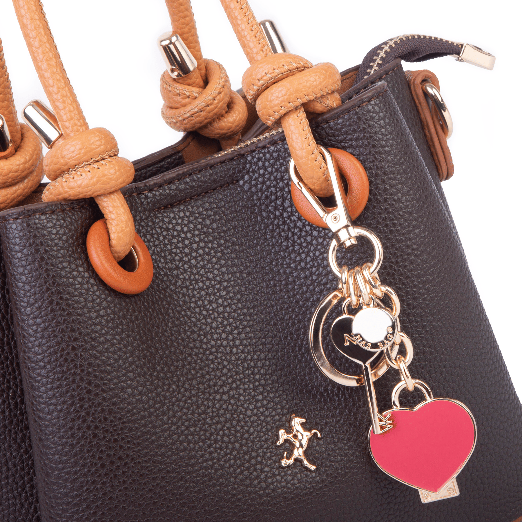 Nas Bag Kadın Charmlı Mini El ve Çapraz Çanta (en :19 cm , boy:15 cm) Kahve Taba Lopez