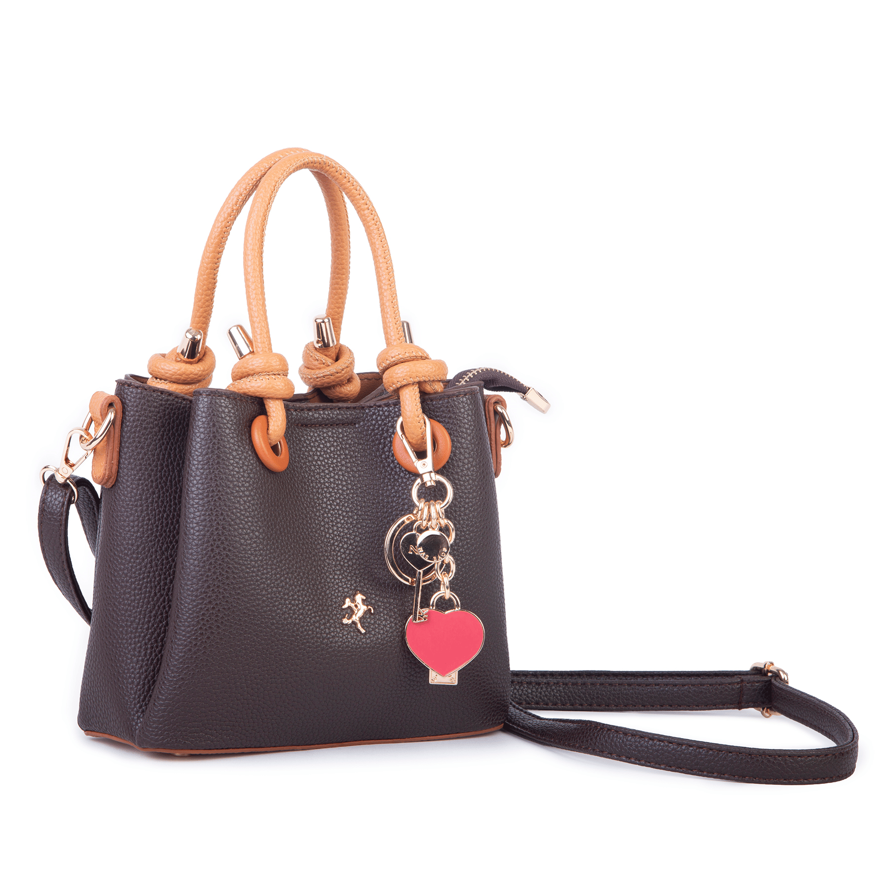 Nas Bag Kadın Charmlı Mini El ve Çapraz Çanta (en :19 cm , boy:15 cm) Kahve Taba Lopez