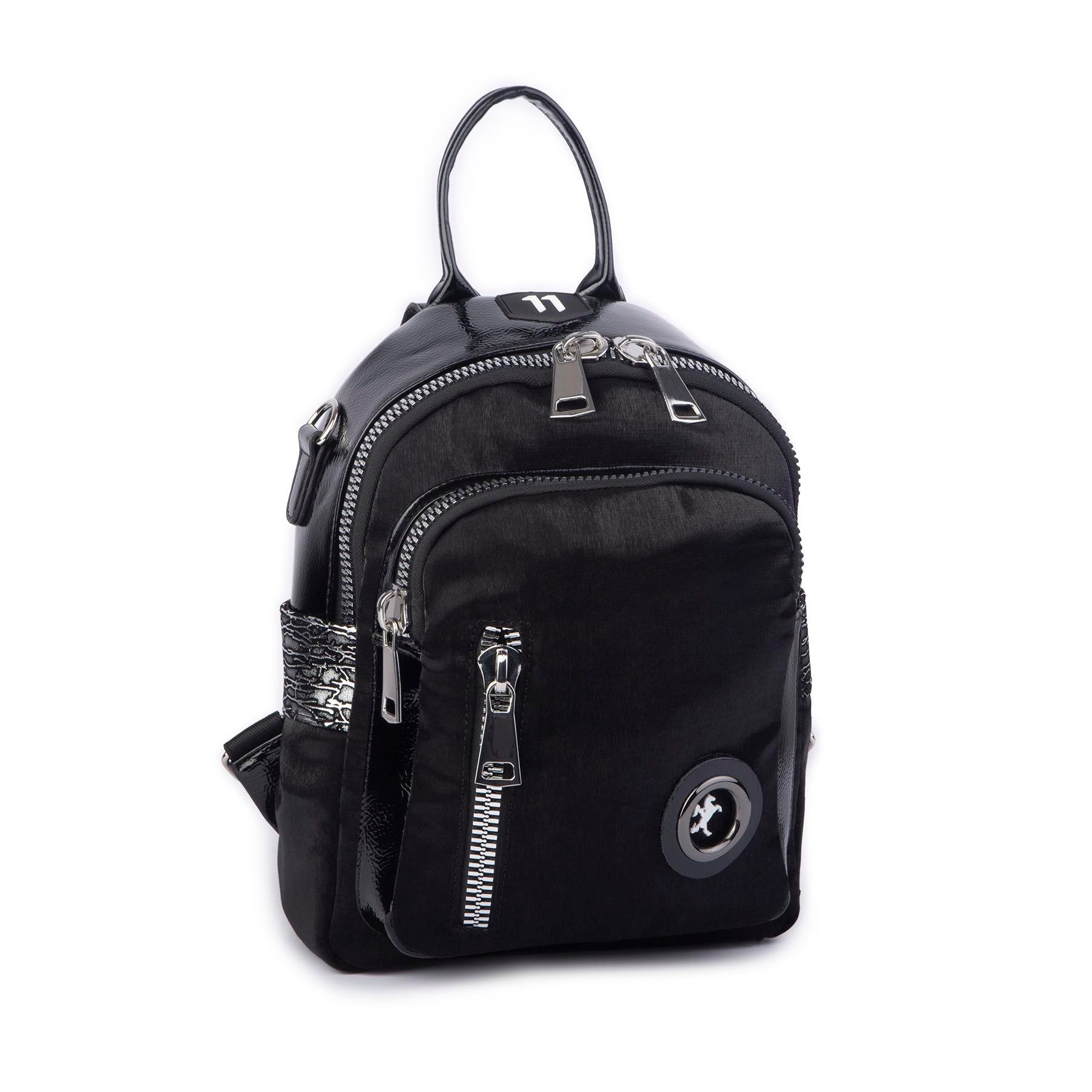 Nas Bag Kadın Dönüştürülebilir Sırt ve Omuz Çantası Şık Geniş Fermuarlı Çanta (24x31x14 cm) Siyah Simli