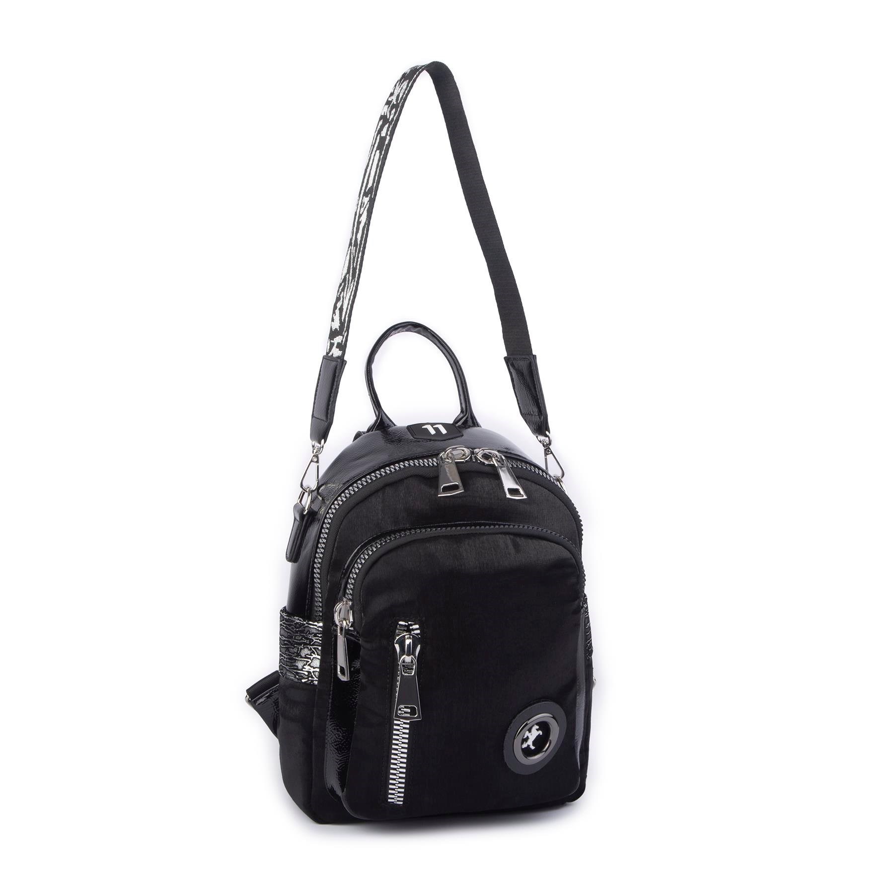 Nas Bag Kadın Dönüştürülebilir Sırt ve Omuz Çantası Şık Geniş Fermuarlı Çanta (24x31x14 cm) Siyah Simli