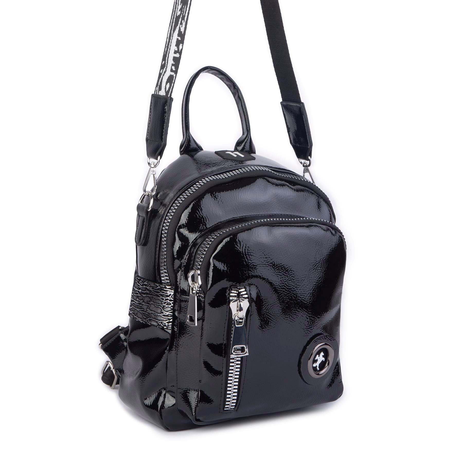 Nas Bag Kadın Dönüştürülebilir Sırt ve Omuz Çantası Şık Geniş Fermuarlı Çanta (24x31x14 cm) Siyah Krsk Rugan