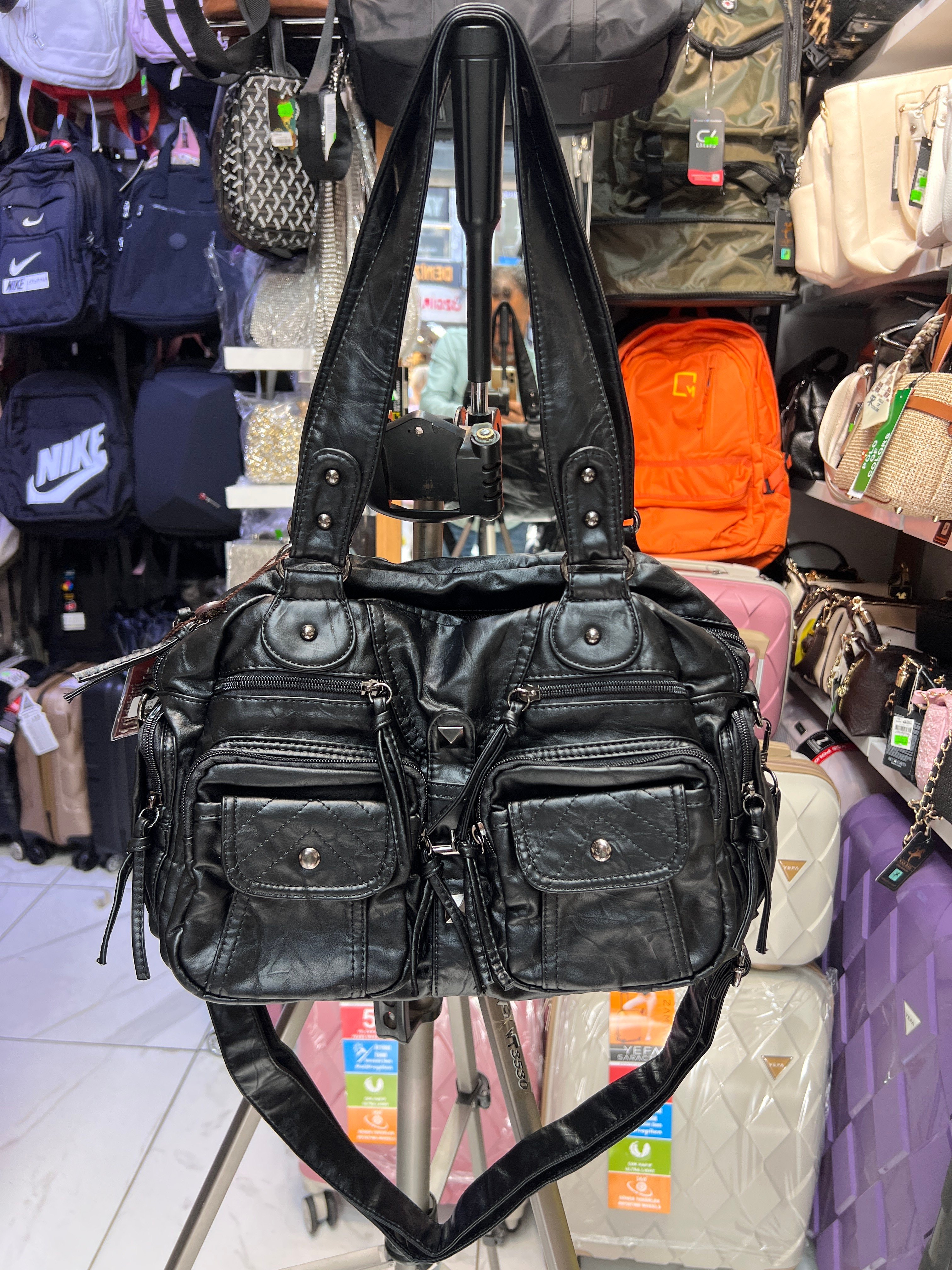 siyah l8766 kavi Retro deri  yıkanmış deri kadın kol çantası yumuşak deri çok gözlü çanta ebat 36*25 