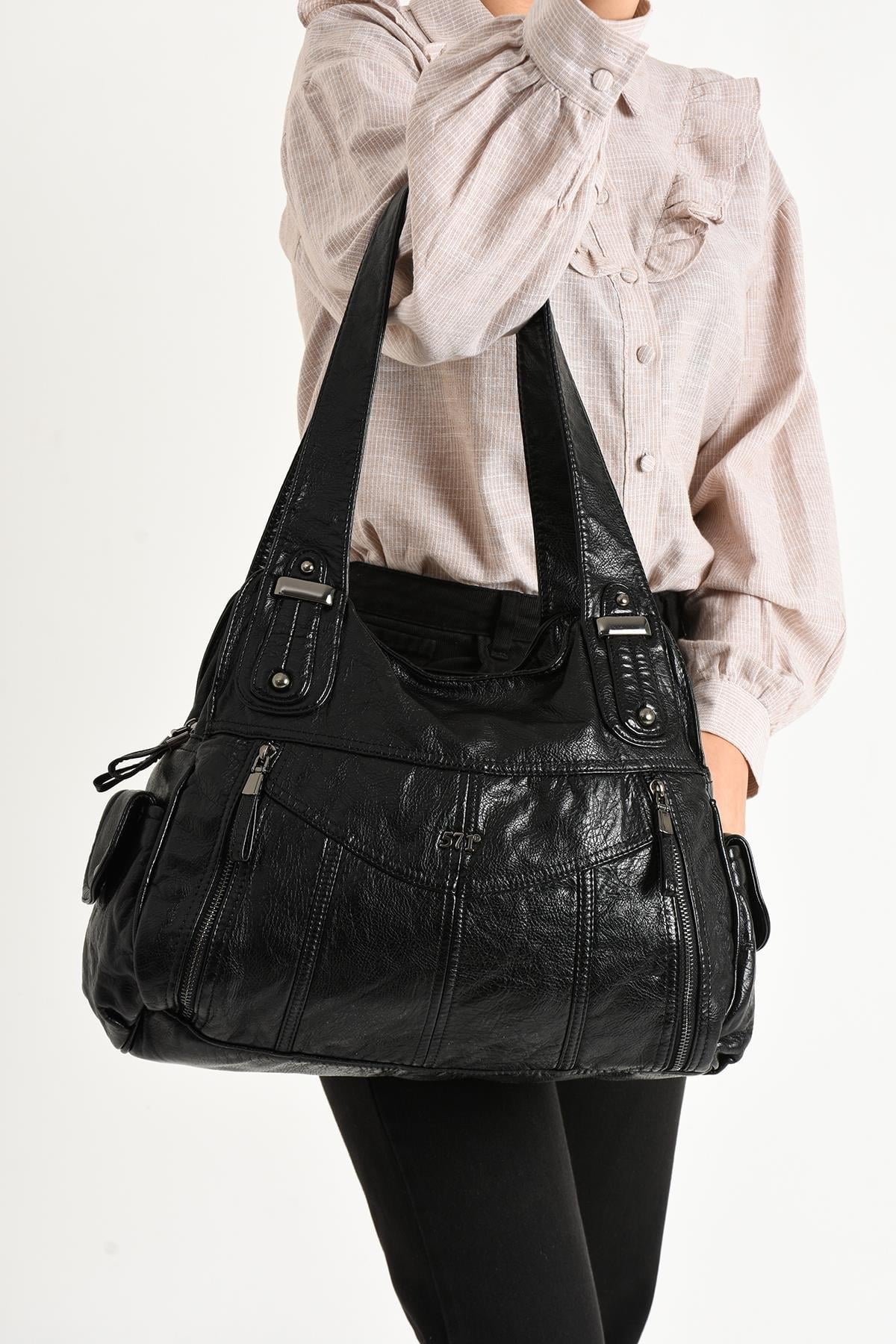 Suni Deri Çok Bölmeli Çapraz ve Omuz Çantası Siyah (Model: 571-9-12FF)