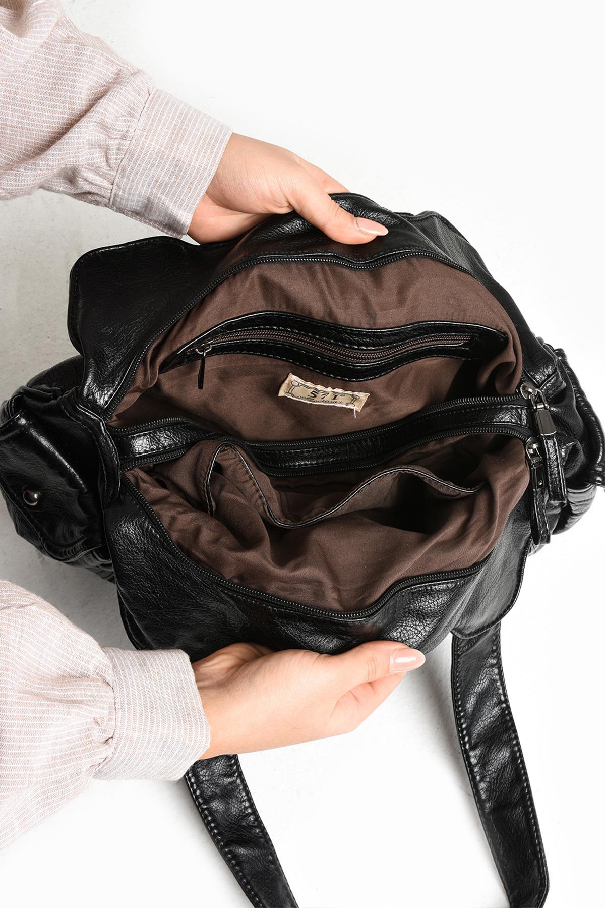 Suni Deri Çok Bölmeli Çapraz ve Omuz Çantası Siyah (Model: 571-9-12FF)