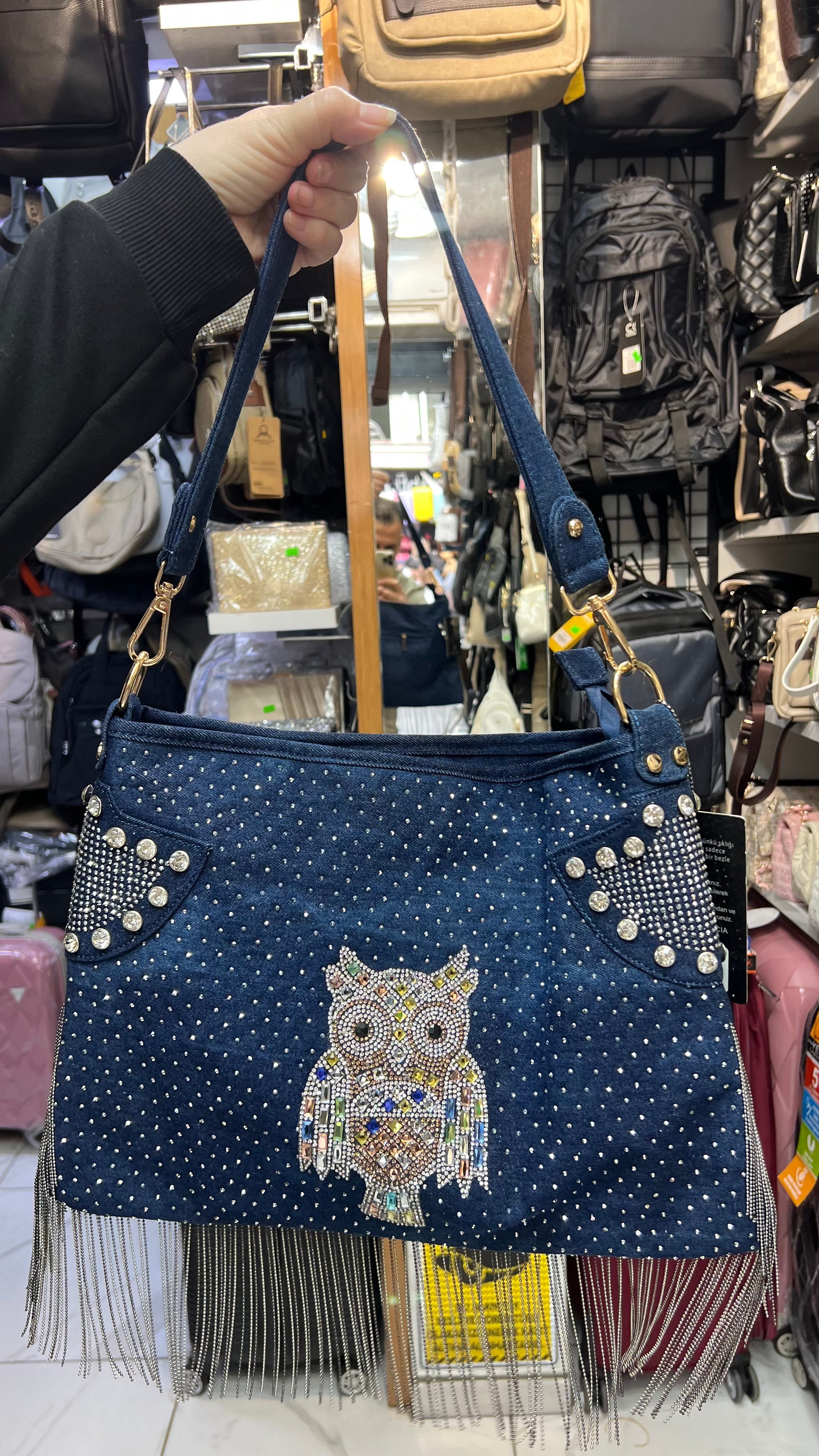 Taşlı kot çanta. Omuz çantası ebat 40cm30