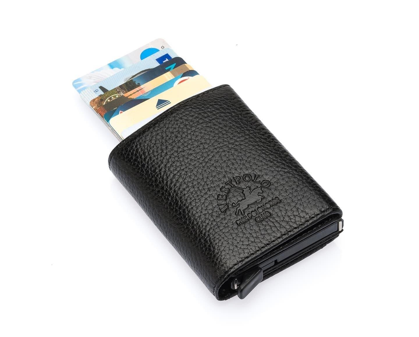 Westpolo Mories Unisex Hakiki Guti Deri Mekanizmalı Cüzdan Kartlık - Siyah