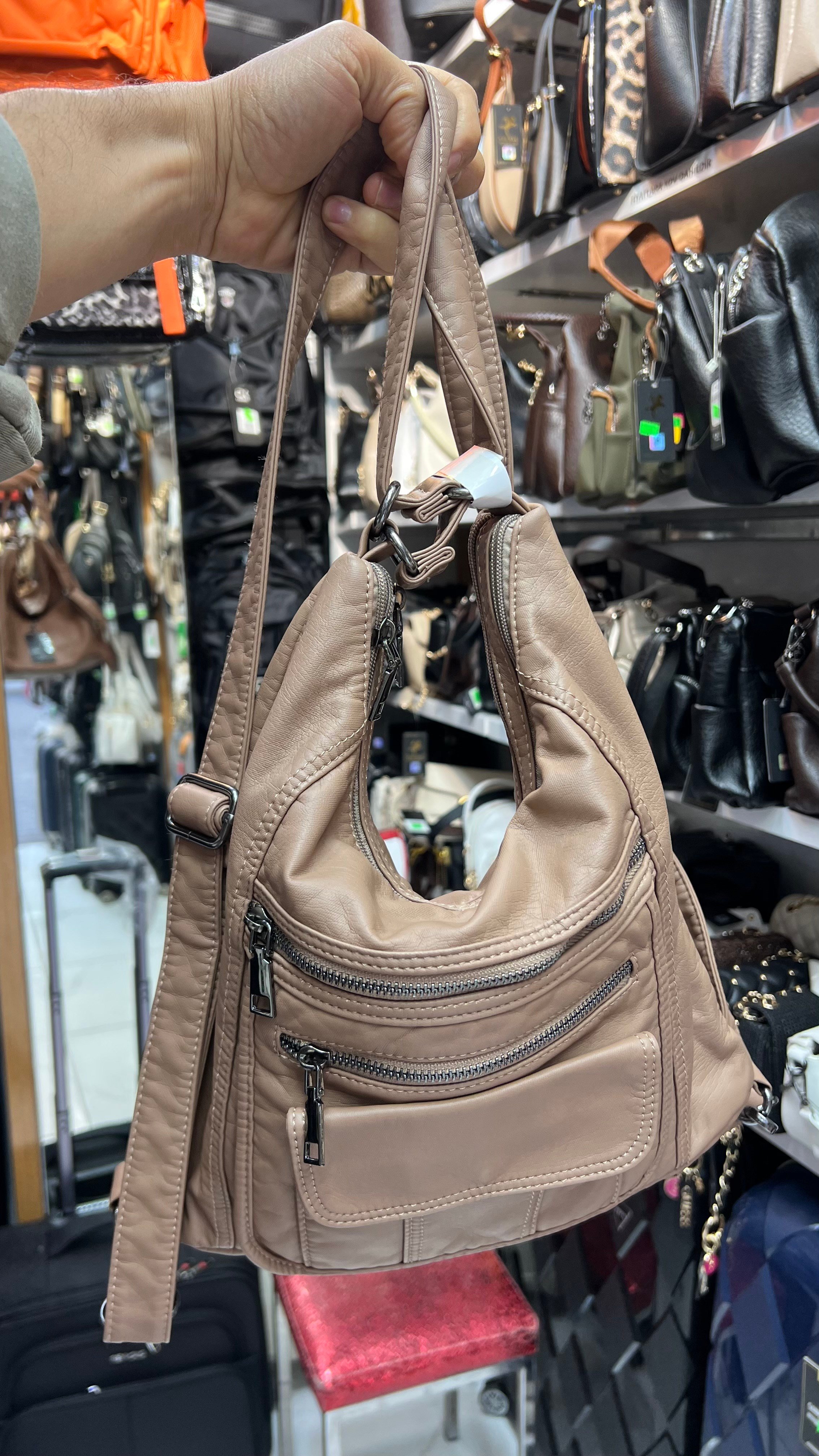 Yıkanmış deri sırt ve kol çantası 37cm35