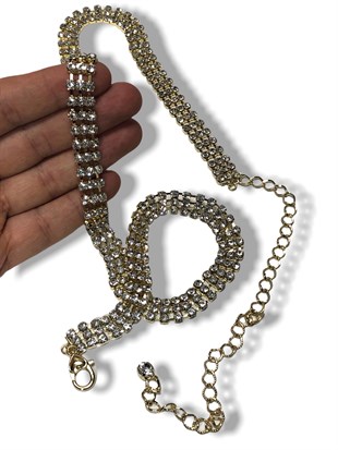 Altın Kadın Kemer 3 sıra Su Yolu Abiye Elbise Kemeri  75 Cm Taş Kısmı 20Cm Zincir 105 Cm 