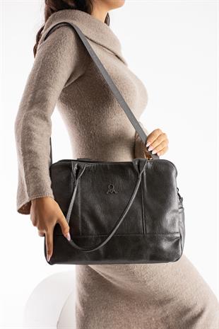 Antrasit Mega kadın omuz çantası 3 gözlü yumuşak deri ebat 36cm26 