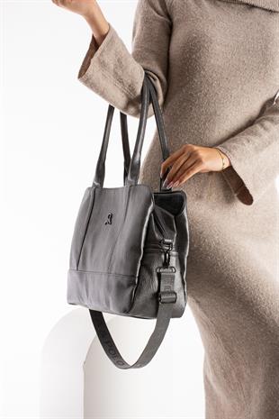 Antrasit Mega kadın omuz çantası 3 gözlü yumuşak deri ebat 36cm26 