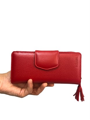 ElizaBell Kırmızı Gerçek Deri Kadın Cüzdanı %100 Deri Büyük Para Ve  Kart Çantası