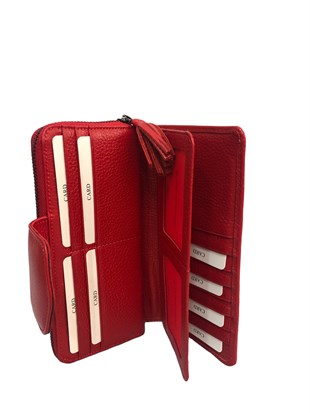 ElizaBell Kırmızı Gerçek Deri Kadın Cüzdanı %100 Deri Büyük Para Ve  Kart Çantası