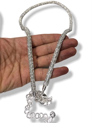 Gümüş Kadın Kemer Boru Zincir Taşlı Abiye Elbise Kemeri  75 Cm Taş Kısmı 20Cm Zincir 105 Cm 