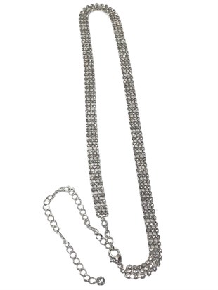 Gümüş Renk Kadın Kemer 3 sıra Su Yolu Abiye Elbise Kemeri  75 Cm Taş Kısmı 20Cm Zincir 105 Cm 