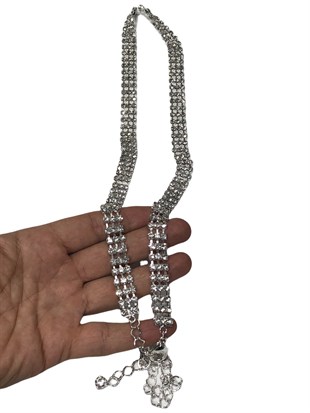Gümüş Renk Kadın Kemer 3 sıra Su Yolu Abiye Elbise Kemeri  75 Cm Taş Kısmı 20Cm Zincir 105 Cm 