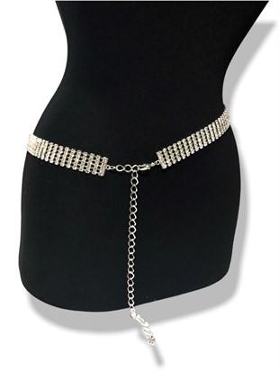 Gümüş Renk Kadın Kemer 5 sıra Su Yolu Abiye Elbise Kemeri  75 Cm Taş Kısmı 20Cm Zincir 105 Cm 