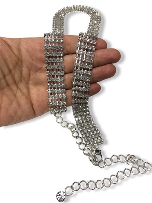 Gümüş Renk Kadın Kemer 5 sıra Su Yolu Abiye Elbise Kemeri  75 Cm Taş Kısmı 20Cm Zincir 105 Cm 