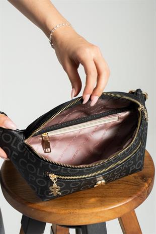 İmpolo Miya Siyah Empirme Baskı Spor Kadın Bel Çanta 17×40 ebatında