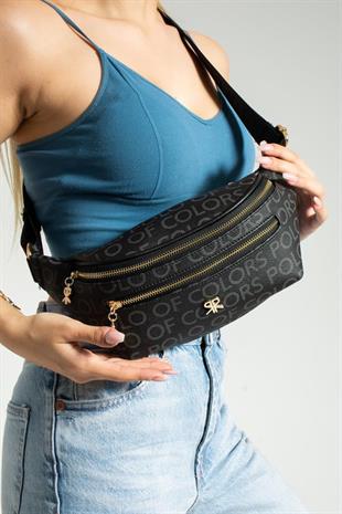 İmpolo Miya Siyah Empirme Baskı Spor Kadın Bel Çanta 17×40 ebatında