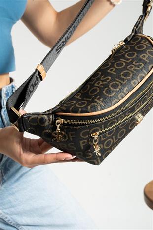 İmpolo Miya Siyah KamelEmpirme Baskı Spor Kadın Bel Çanta 17×40 Ebatında