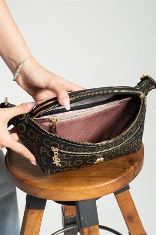 İmpolo Miya Siyah KamelEmpirme Baskı Spor Kadın Bel Çanta 17×40 Ebatında