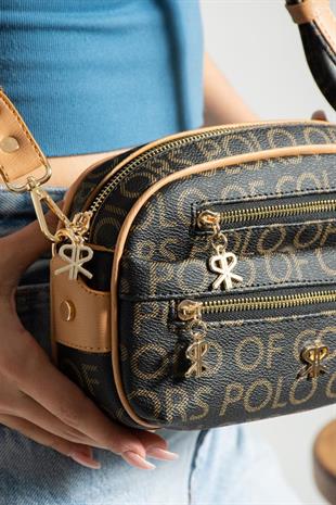 ImPolo Stil Siyah KamelEmpirme Baskı Kadın Omuz Ve Çapraz Çantası 16×25 Ebatında