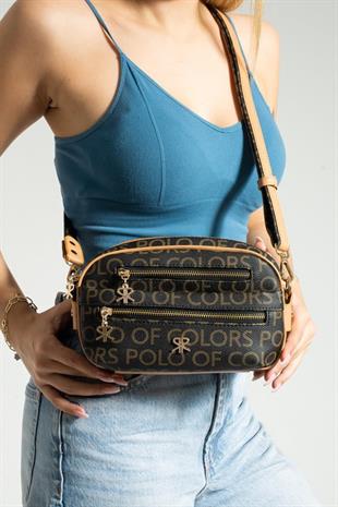 ImPolo Stil Siyah KamelEmpirme Baskı Kadın Omuz Ve Çapraz Çantası 16×25 Ebatında