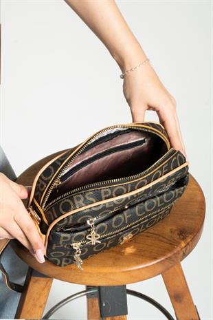 ImPolo Stil Siyah KamelEmpirme Baskı Kadın Omuz Ve Çapraz Çantası 16×25 Ebatında