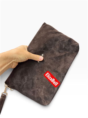 Kahve Süet gerçek deri nubuk   deri  Kadın clutch çanta kılaç çanta portföy çanta el çantası ebat 20cm30