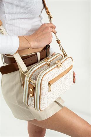 Krem  Kadın postacı çanta  25cm17 çok gözlü 