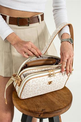 Krem  Kadın postacı çanta  25cm17 çok gözlü 