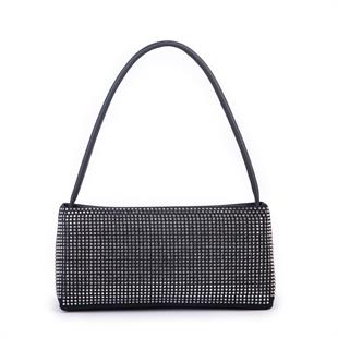 Nas Bag Kadın Basic Baget Omuz ve Çapraz Çanta Siyah Gümüş Taşlı (27x12 cm )