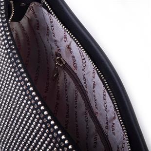 Nas Bag Kadın Basic Baget Omuz ve Çapraz Çanta Siyah Gümüş Taşlı (27x12 cm )