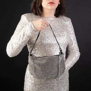 Nas Bag Kadın Çapraz Çanta Siyah White Diamond Beyaz Taşlı Ayarlanabilir Askılı