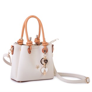 Nas Bag Kadın Charmlı Mini El ve Çapraz Çanta (en :19 cm , boy:15 cm) Krem Taba Lopez
