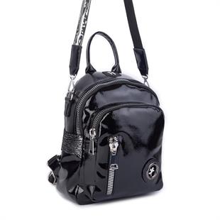 Nas Bag Kadın Dönüştürülebilir Sırt ve Omuz Çantası Şık Geniş Fermuarlı Çanta (24x31x14 cm) Siyah Krsk Rugan