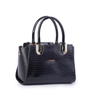 Nas Bag Kadın Midiboy Şık Üç Bölmeli El ve Çapraz Çanta Siyah Lazer (23x17 cm