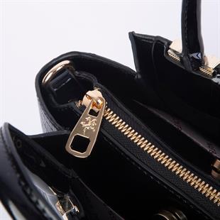 Nas Bag Kadın Midiboy Şık Üç Bölmeli El ve Çapraz Çanta Siyah Lazer (23x17 cm