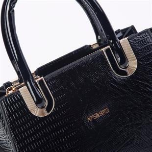 Nas Bag Kadın Midiboy Şık Üç Bölmeli El ve Çapraz Çanta Siyah Lazer (23x17 cm